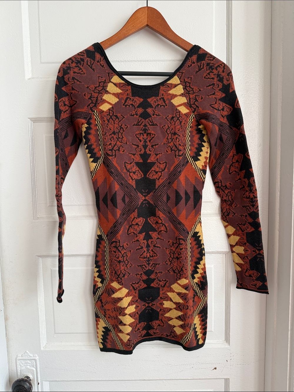 Free People Long Sleeve Bodycon Dress in Rust & Black